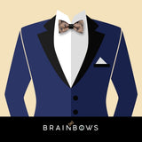 navy blue suit and cork bow tie with print