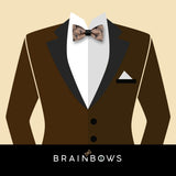 dark brown suit and cork bow tie with pattern