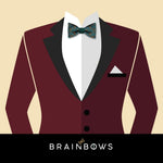 dark red suit with green art deco bow tie