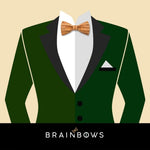 dark green suit with natural cork bow tie