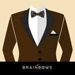 dark brown suit with black and gold bow tie