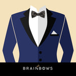 navy blue suit and black and gold cork bow tie