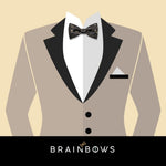 beige suit and black and gold bow tie