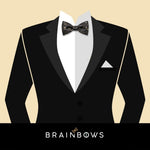 black tux with black and gold bow tie