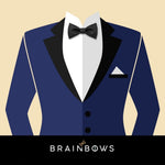 navy blue suit and black bow tie