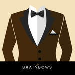 dark brown suit and black cork bow tie