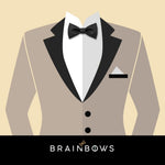 beige tux with black bow tie