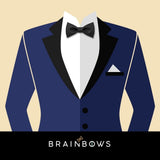 navy blue suit with black bow tie made from cork fabric