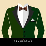 dark green suit and brown bow tie