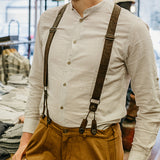chocolate brown suspenders made from cork fabric