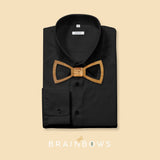 black shirt with bamboo wooden bow tie