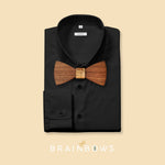 black shirt with walnut wooden bow tie