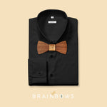 black shirt with walnut wooden bow tie