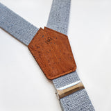 detail from cork fabric and recycled jeans suspenders