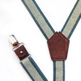 handmade suspenders made from recycled jeans and cork fabric
