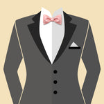 grey suit and pink bow tie