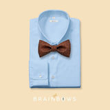 chocolate brown cork bow tie on a light blue dress shirt