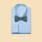 denim blue cork bow tie on a light blue dress shirt