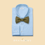olive green cork bow tie on a light blue dress shirt