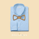 blue shirt with bamboo wooden bow tie