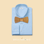 blue shirt with bamboo wooden bow tie