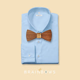 light blue shirt with walnut wooden bow tie