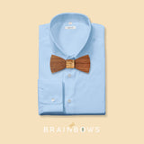 blue shirt with walnut wooden bow tie