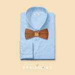 blue shirt with walnut wooden bow tie
