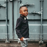 kids model with bow tie made from wood and cork fabric