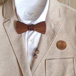 wooden bow tie, cufflinks and brooch