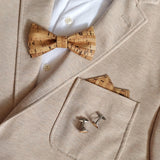 bow tie, cufflinks and pocket square made from bamboo cork fabric