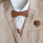 wooden bow tie, wooden brooch and cufflinks