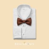 dark brown cork bow tie on a white dress shirt