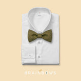 khaki green cork bow tie on a white dress shirt
