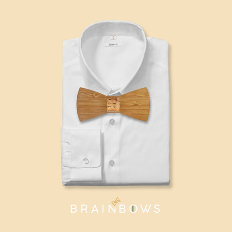 white shirt with bamboo wooden bow tie