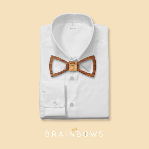 white shirt with walnut wooden bow tie